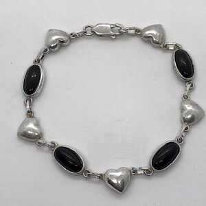 Vtg Sterling & Onyx Stone Heart & Oval Onyx Cabochon Link Bracelet 7.4”